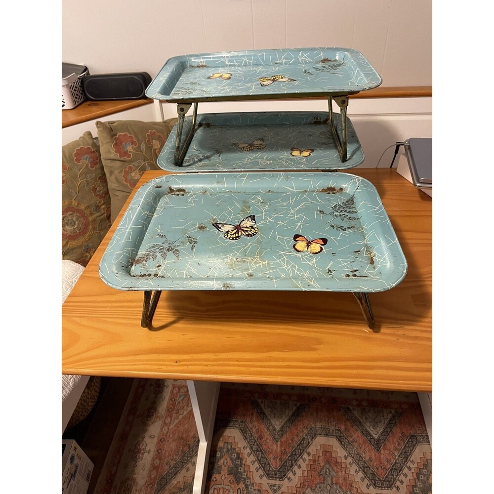 VTG (3) Butterfly Metal Folding Bed Lap TV Trays MCM Mid Century White Blue 60s